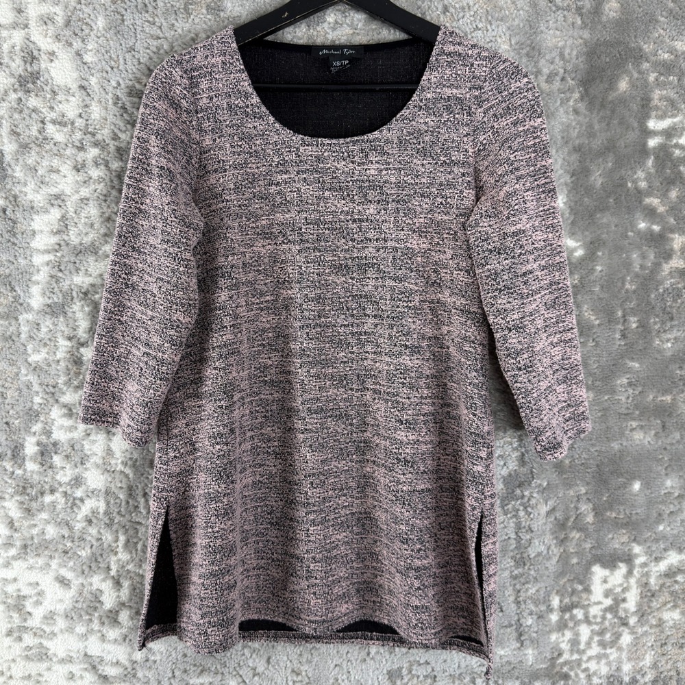 Michael Tyler Size XS Marled Knit Side Slit Tunic Top Pink Black 3/4 Sleeve Wmns
